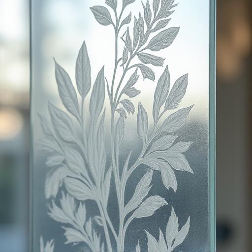 Intricate custom floral pattern etched onto a glass panel.